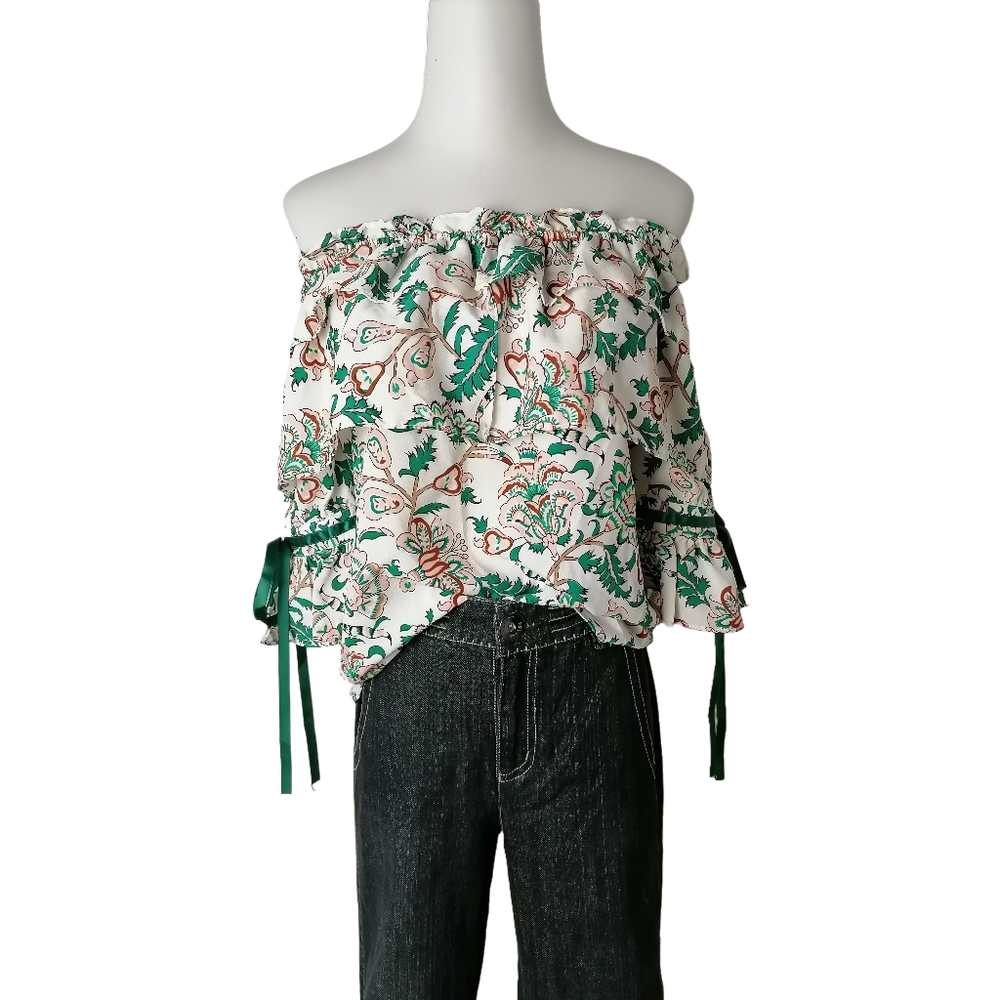 ☘️ XL，green printed off-the-shoulder short-sleeved blouse
